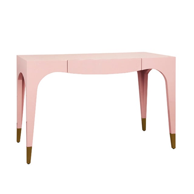 Contemporary Matthew Izzo Home Mandi Glossy Pink Lacquer One Drawer Desk With Antique Brass Foot Caps For Sale - Image 3 of 8