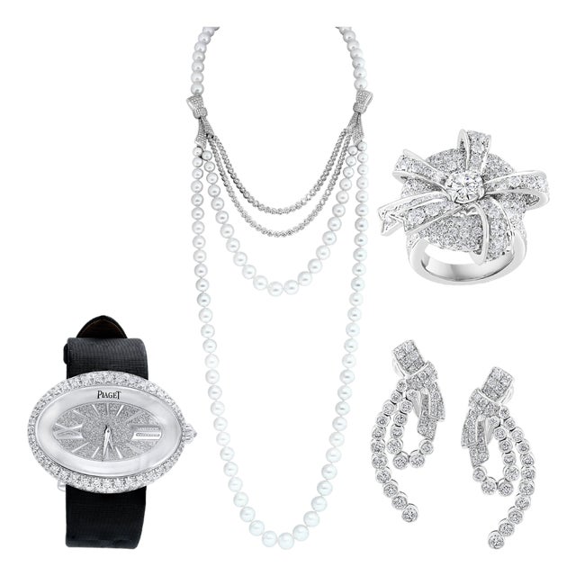 Piaget Paris Diamond & South Sea Pearl Suite Necklace, Earring Watch & Ring 18k For Sale