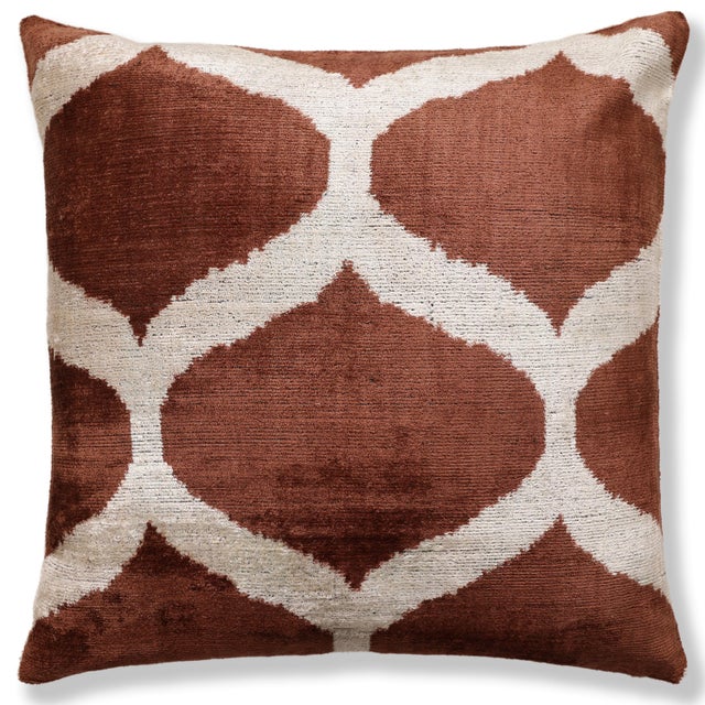 "This 20x20 inch (50x50 cm) handmade silk velvet throw pillow features a bold geometric pattern in rich warm brown...