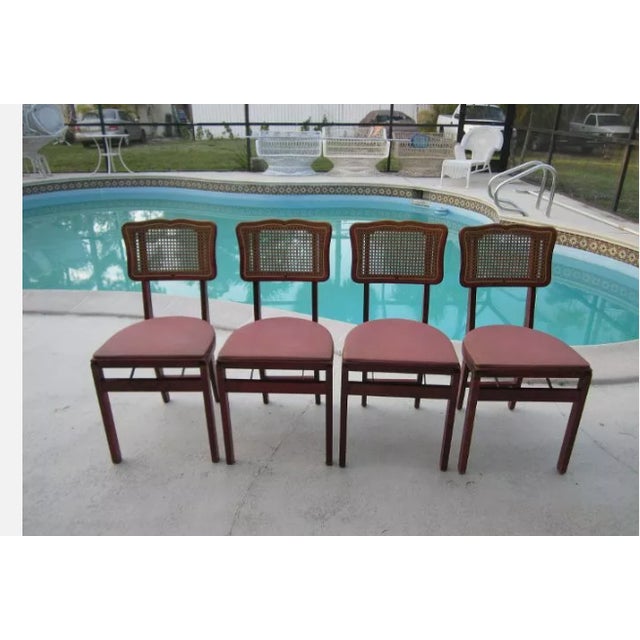 1950s Vintage Mid-Century Stakmore Card Table 4 Folding Cane Back Chairs Red Set of 5 For Sale - Image 10 of 12