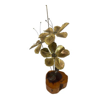 Vintage Brutalist Flower Sculpture on Wood Base - Signed For Sale