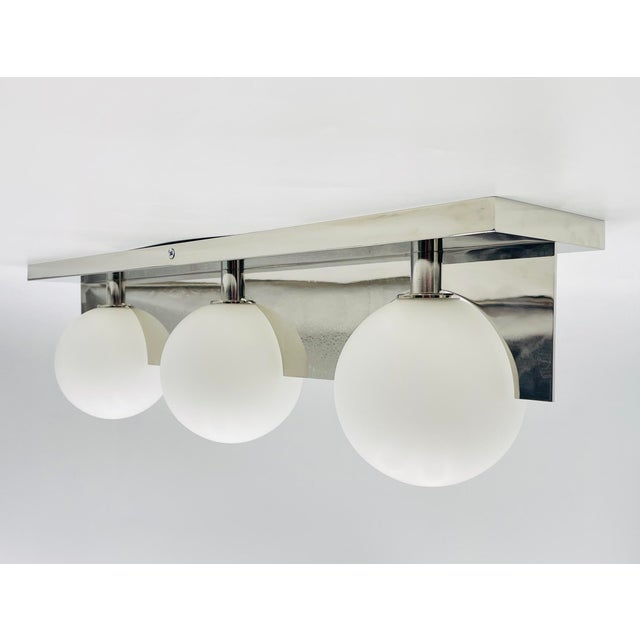 Modern Chrome 3-Globe Wall Sconce or Vanity Light, Frosted Glass Shades For Sale In Los Angeles - Image 6 of 15