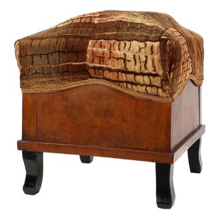 Art Deco Walnut Stool with Velvet Upholstery, Italy, 1920s For Sale