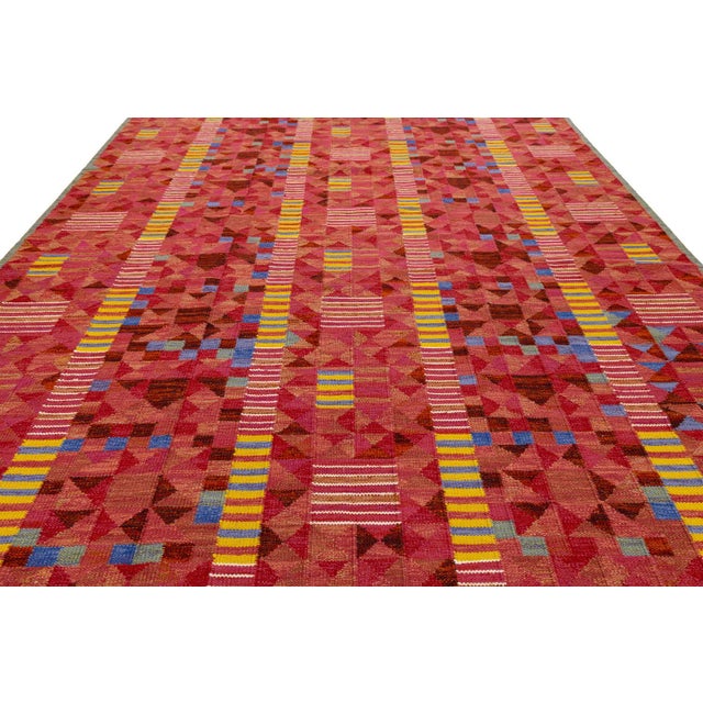 Vibrant Terracotta Geometric Kilim Rug Modern Swedish-Style Wool Flatweave 10x14 For Sale - Image 4 of 10