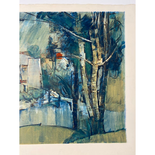 Paper Modern Abstract Landscape Print, Blue Green Trees, Houses and Water For Sale - Image 7 of 7