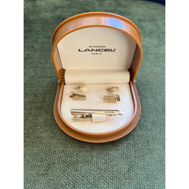 Rare Vintage “Lancel” Paris Gold Plate & Steel Cufflinks & Tie Bar Original Case For Sale - Image 4 of 10
