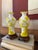 Pair of Mid-Century Peking Glass Vases With Carved Yellow Floral and Butterfly Motif | Chinese Overlay Glass on Wood Stands For Sale - Image 4 of 10