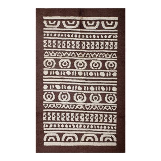 1960s Brown Geometric Tribal Vintage Continental Art Moderne Rug 4'3" X 6'7" Handknotted Wool Carpet For Sale