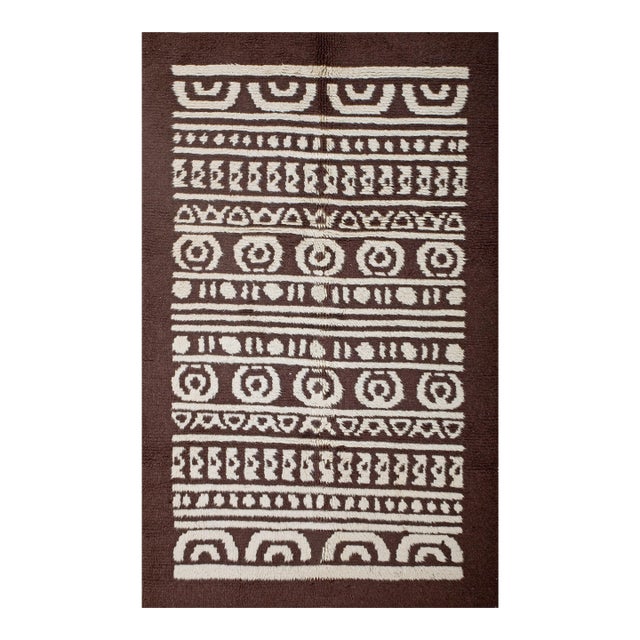 1960s Brown Geometric Tribal Vintage Continental Art Moderne Rug 4'3" X 6'7" Handknotted Wool Carpet For Sale