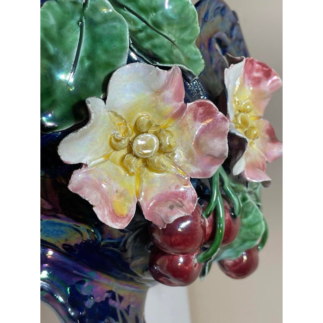 Majolica Late 19th Century Barbotine Majolica Flowers and Cherries Cobalt Blue Footed Basket Jardiniere For Sale - Image 4 of 12