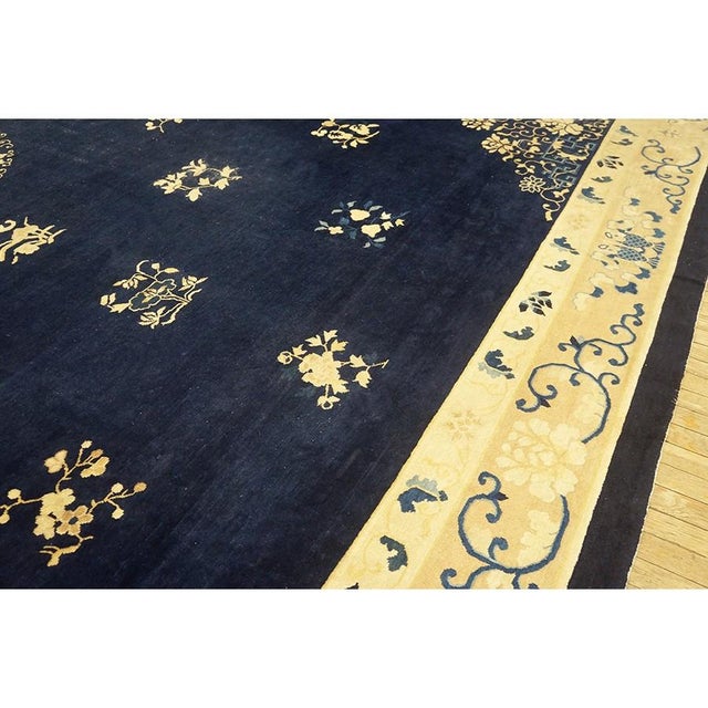 Navy Blue 1900s Navy Blue Solid Floral Deco Antique Chinese Peking Knotted Room Size Rug For Sale - Image 8 of 10