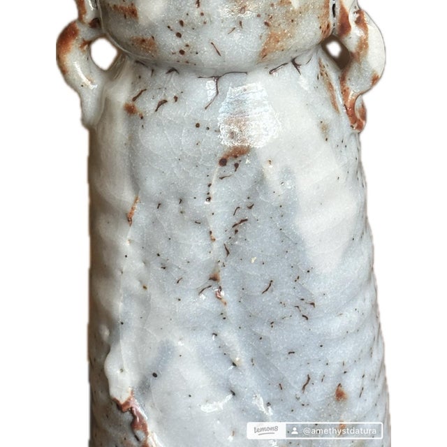Authentic Japanese Shino Ware Studio Pottery Vase with rich Wabi-Sabi character. Cloaked in a thick milky-white...