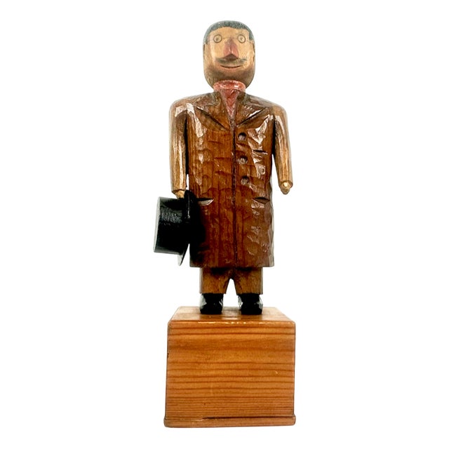 Swedish Wooden Hand Carved Man with Hat Sculpture with Money Box, 1910s For Sale