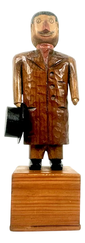 Swedish Wooden Hand Carved Man with Hat Sculpture with Money Box, 1910s