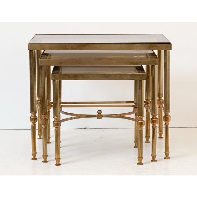 French Nesting Tables of Brass With Smoked Glass For Sale - Image 4 of 18