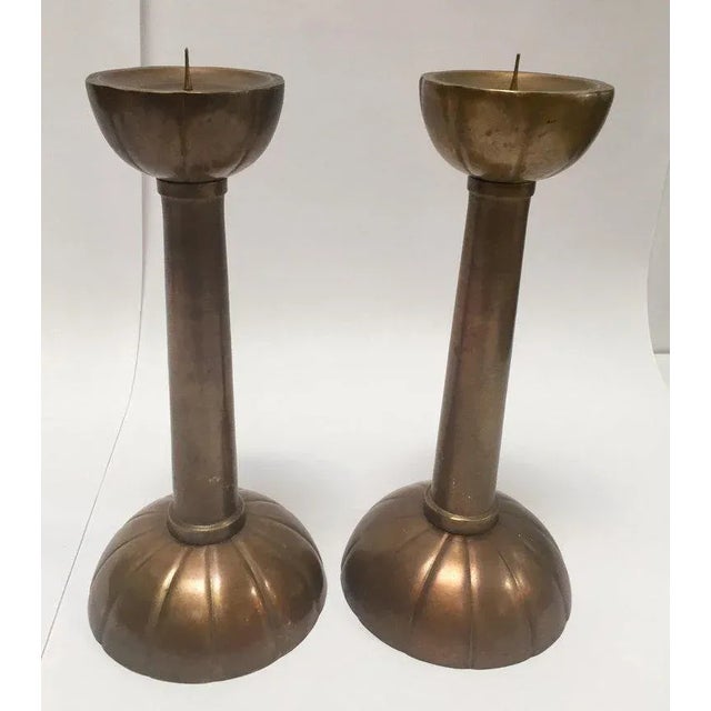 Large Brass Japanese Candlesticks on a Round Scalloped Base and Top For Sale - Image 13 of 13