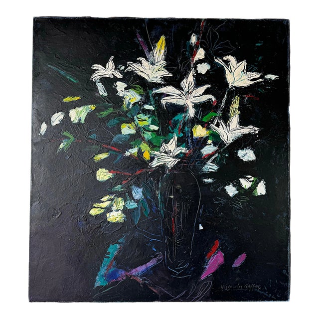 1984 Alessandra Gieffers " Lilies " Impressionist Acrylic Encaustic on Canvas Painting For Sale