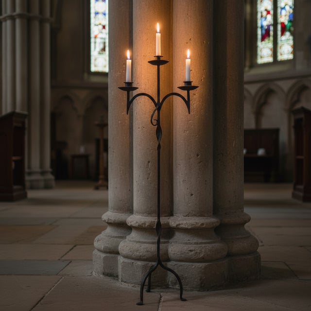 Rustic Hand Forged Iron Floor Candelabra 46.5″ (118cm) Antique Copper Patina 3-Arm Wide Base Stable Candle Holder Rustic Decor For Sale - Image 3 of 7