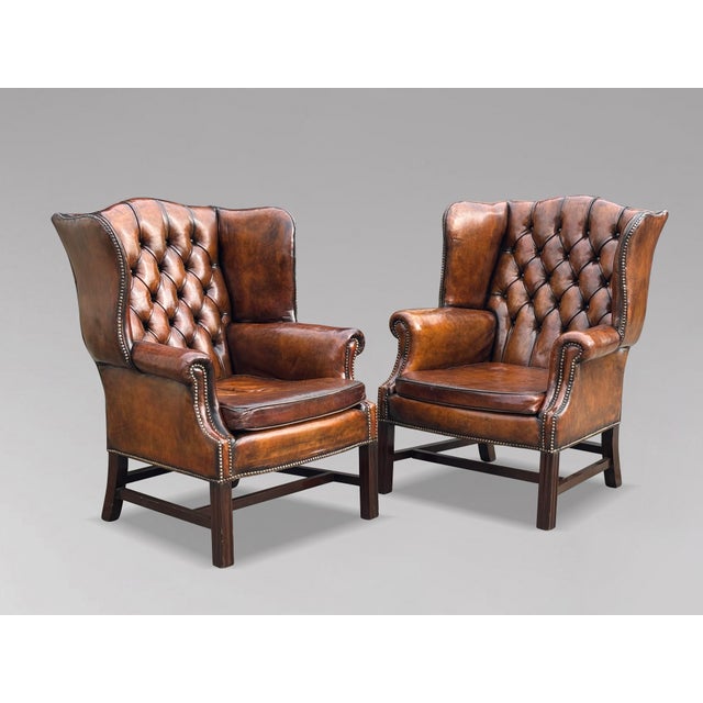 Antique Wing Back Chairs in Brown Leather, 1890, Set of 2 For Sale - Image 9 of 11