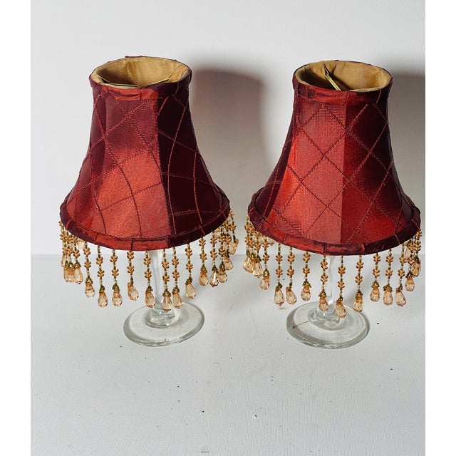 Shabby Chic Vintage Vine Red Silk Lamp Shadrs With Crystal Fringes - Pair For Sale - Image 3 of 5