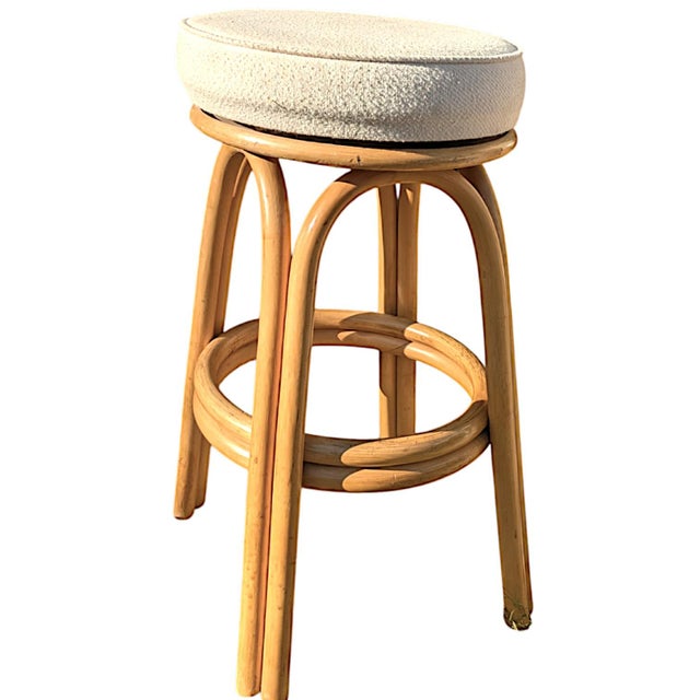 Rattan Double Strand Arched Barstool With Ivory Upholstered Plush Seat, Pair For Sale - Image 12 of 12