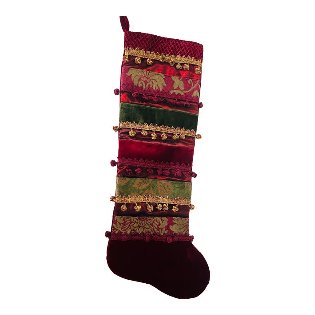 1970s Extra Large Velvet Brocade Christmas Stocking With Pockets For Sale