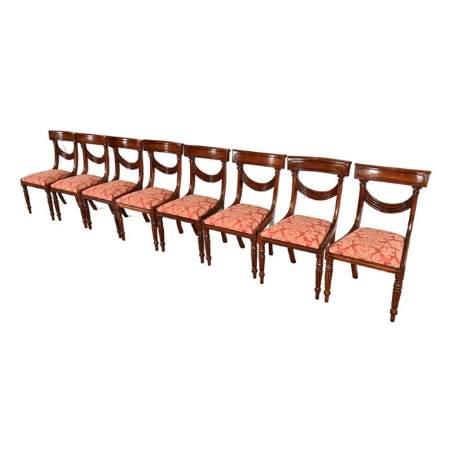 Baker Furniture Style English Regency Carved Mahogany Dining Chairs, Set of Eight For Sale