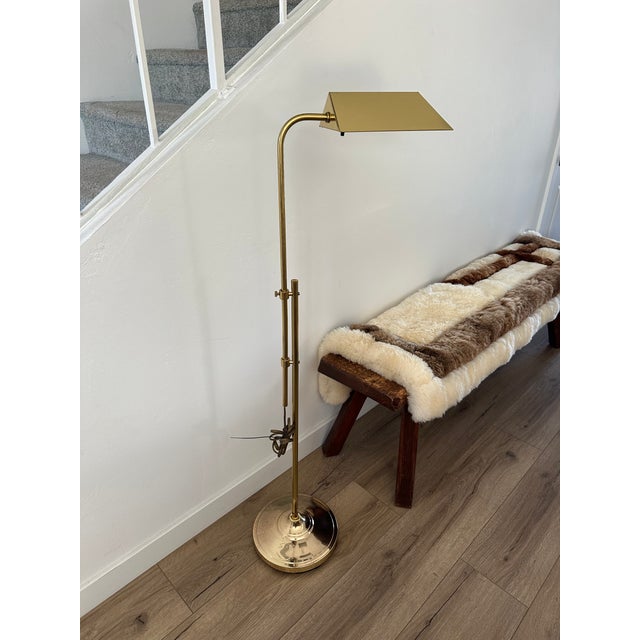 Late mid-century era plated brass pharmacy-style lamp by Alsy. This timeless lamp is adjustable to approximately 52" tall,...