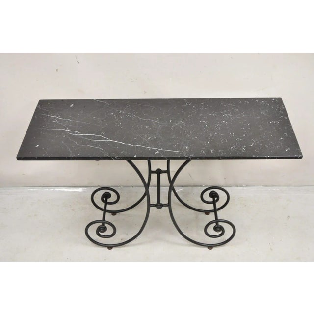 French Country Early 20th Century French Country Pastry Style Wrought Iron Marble Top Baker's Console Table For Sale - Image 3 of 12