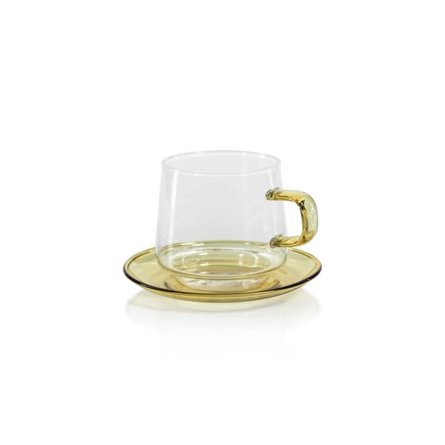Contemporary Bergamo Glass Tea & Coffee Cups and Saucers - Yellow, Set of 4 For Sale - Image 3 of 4