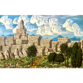 Gabriel Cohen, Large Israeli Naive Art Screen Enamel Oil Painting Jerusalem Old City Folk Art For Sale