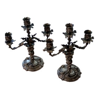 1920s Rococo Elaborated Detailed Rococo Arno Fassi Silver Foliate Pair of Candelabras - Pair For Sale