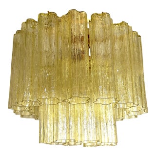Luxury Italian Clear Amber “Tronchi” Murano Glass Flush Mount in Venini Style For Sale