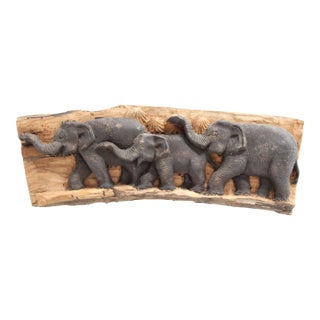 Elephant Family Carved on Wood Plaque With Formica Base For Sale