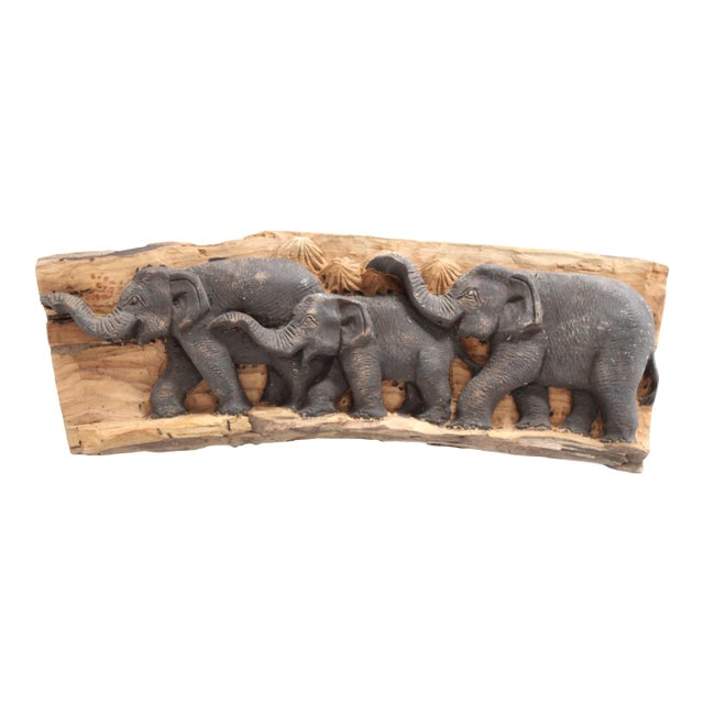 Elephant Family Carved on Wood Plaque With Formica Base For Sale