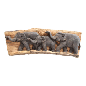 Elephant Family Carved on Wood Plaque With Formica Base