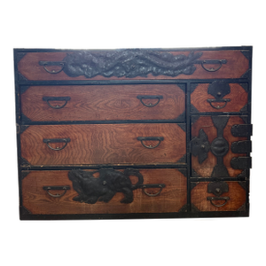 Antique Japanese Meiji Period Keyaki Tansu Chest With Dragon & Shishi Ironwork
