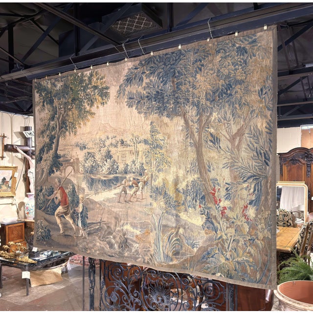 This elegant and large antique tapestry was woven in Aubusson, France, circa 1760, and features a beautifully balanced...
