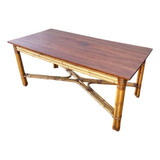 1940s Restored Mid-Century X-Pattern Coastal Rattan Dining Table W/ Mahogany Top For Sale