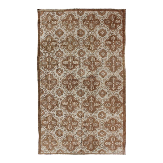 All-Over Blossom and Palmette Design Vintage Turkish Oushak Rug in Brown Tones For Sale