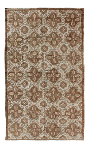 All-Over Blossom and Palmette Design Vintage Turkish Oushak Rug in Brown Tones