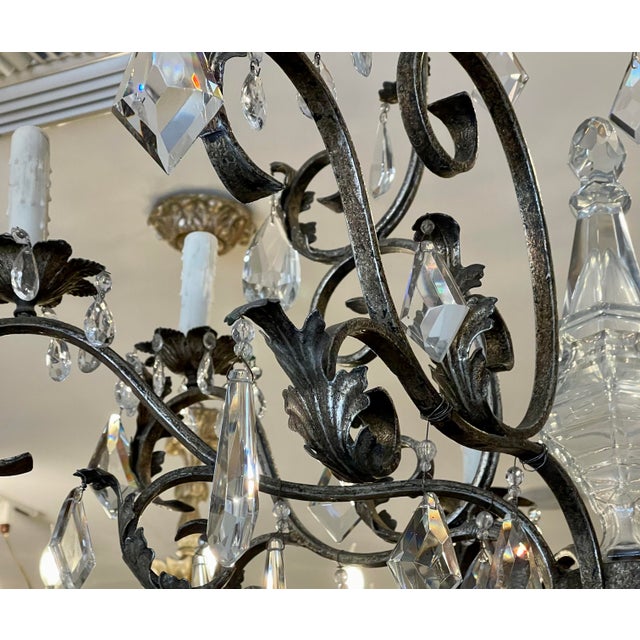 19th C Style Italian Wrought Iron & Crystal Chandelier For Sale - Image 4 of 8