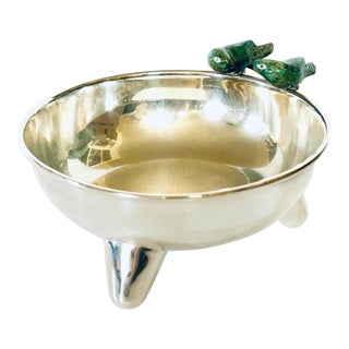 Los Castillo Taxco Mexican Silver Bowl With Malachite Birds For Sale