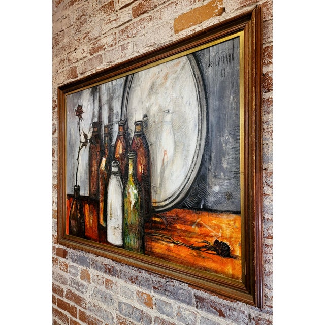 Wine Regis De Bouvier De Cachard-Still Life of Wine Bottles & Roses in the Mirror-Oil Painting For Sale - Image 8 of 9