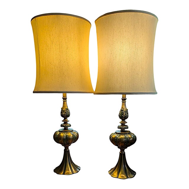 Mid 20th Century Hollywood Regency Rembrandt Brass Lamps With Original Shades - A Pair For Sale