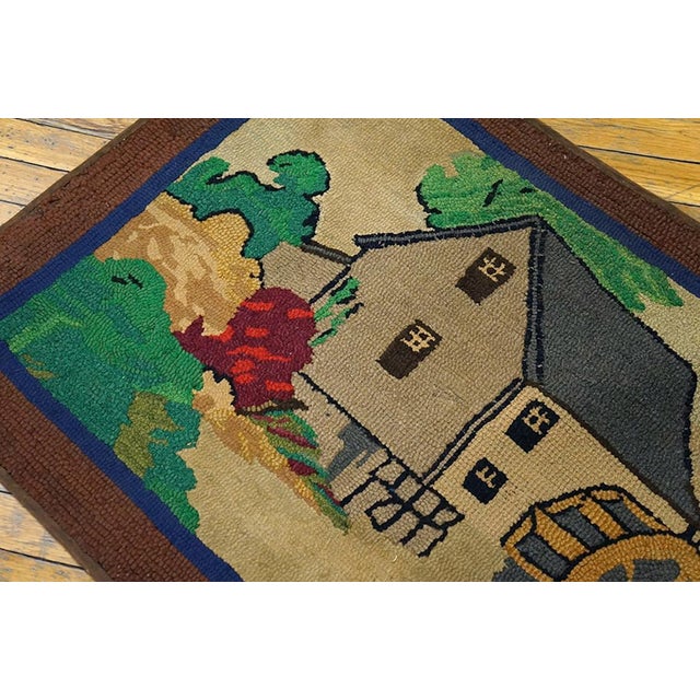 American 1930s Ivory Scene Pictorial Antique American Hooked Rug 2'5" X 4'9" Handknotted Wool Carpet For Sale - Image 3 of 5