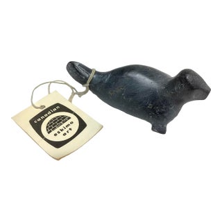 Eskimo Art, Inuit Hand Carved Soapstone Seal Sculpture Signed With Tag For Sale