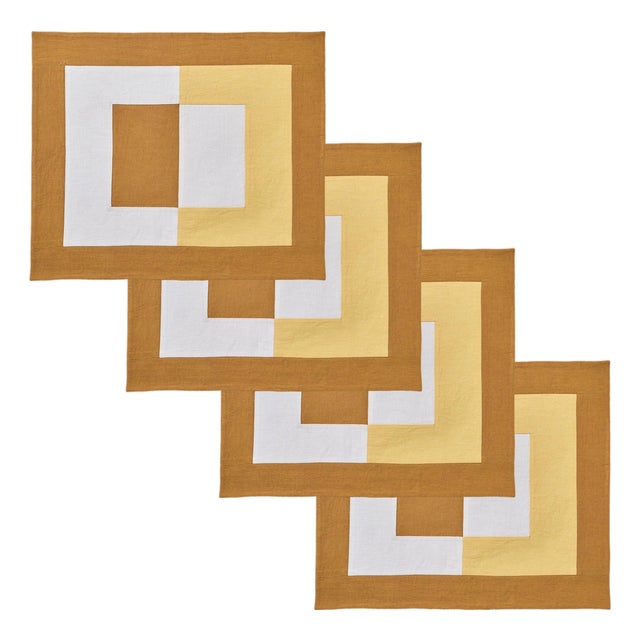 Misette Bauhaus Embroidered Linen Placemats in Amber, Set of 4 For Sale