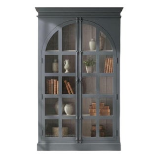 Contemporary Tall Black 2-Arch Glass Door Solid Wood Bookcase For Sale