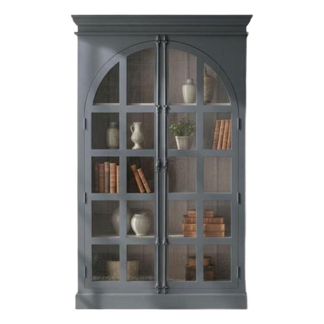 Contemporary Tall Black 2-Arch Glass Door Solid Wood Bookcase For Sale